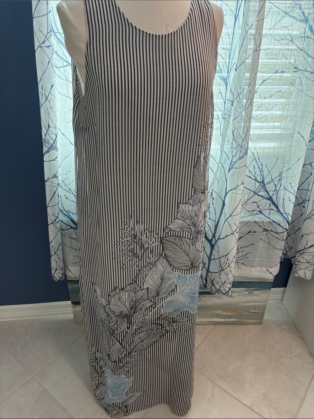 Vince Camuto Sleeveless Black & White Striped Maxi Dress with Blue Floral Detail